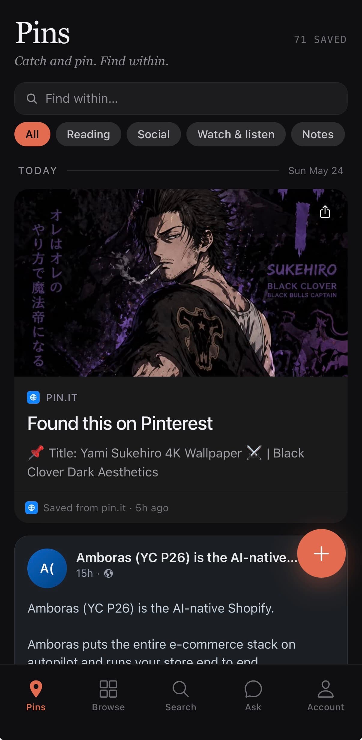 PIN home feed showing saved Pinterest and article pins, grouped by day