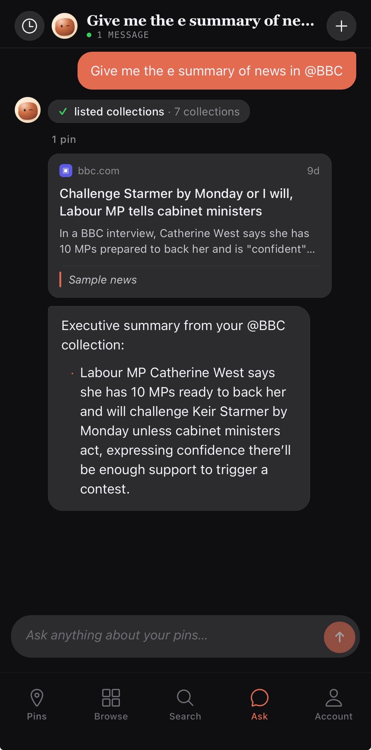 PIN Ask tab showing the AI agent summarizing news from a BBC collection