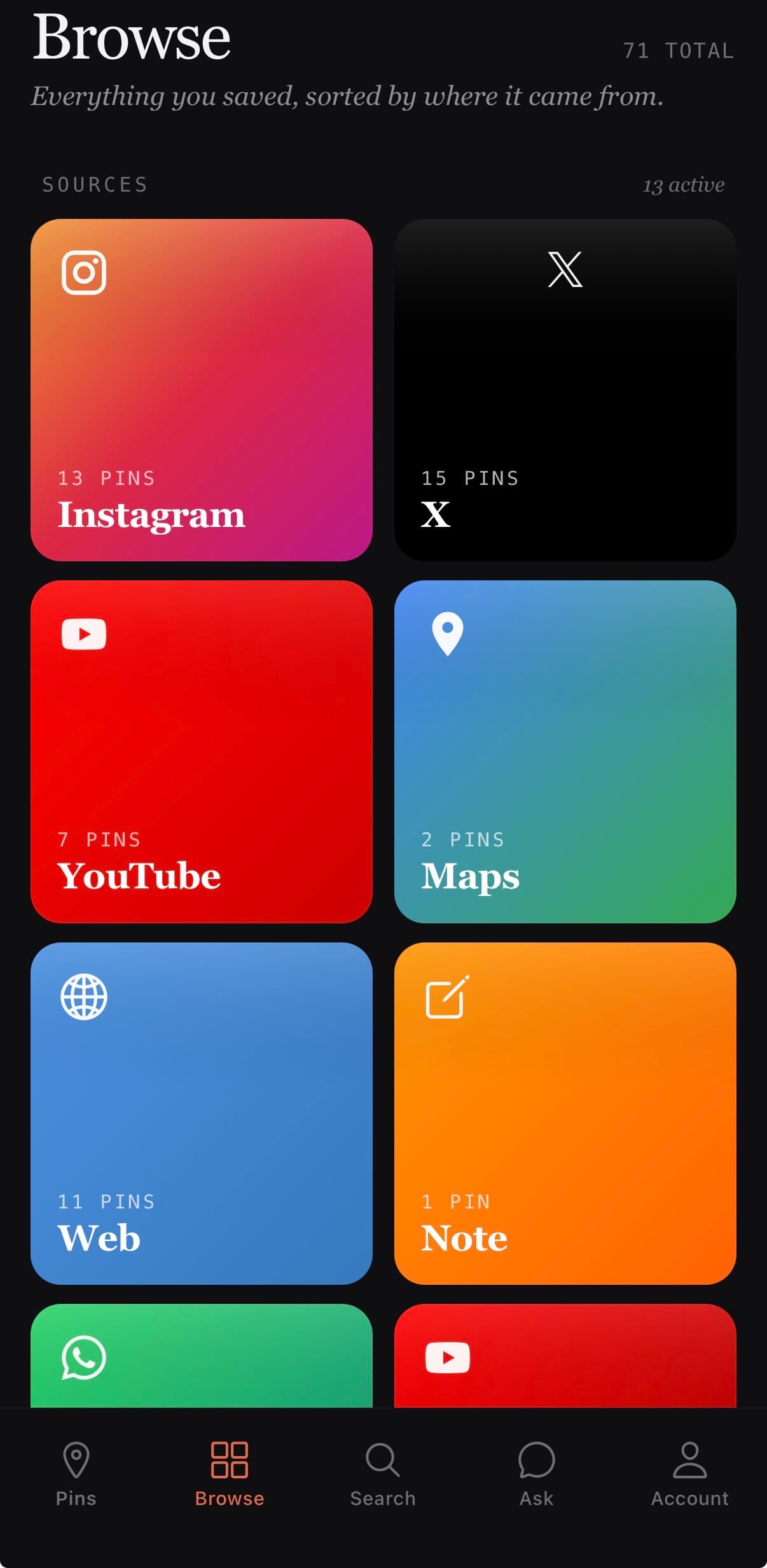 PIN Browse tab showing source tiles for Instagram, X, YouTube, Maps, Web, Note