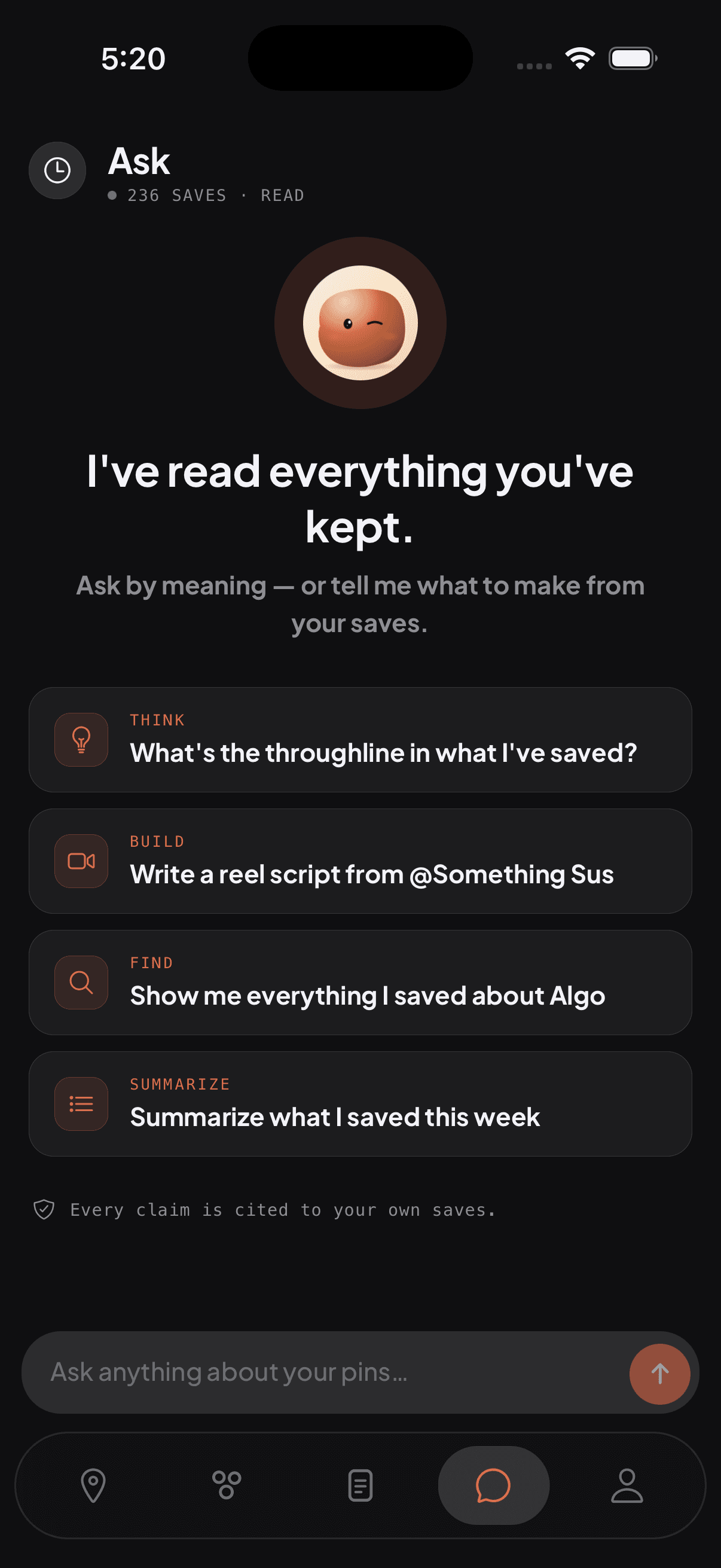 PIN’s Ask screen with Pebble and suggested questions about saved content